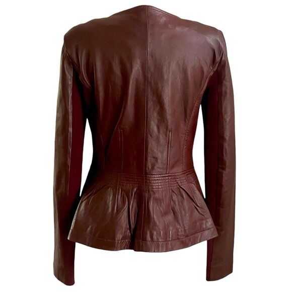 Hinge Leather Peplum Zip Jacket S Burgundy Red Witchy Preppy Mob Wife Capsule - Picture 4 of 13